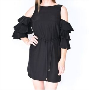 REVOLVE AMANDA UPRICHARD BLACK SILK COLD SHOULDER RUFFLE SLEEVE BELTED DRESS